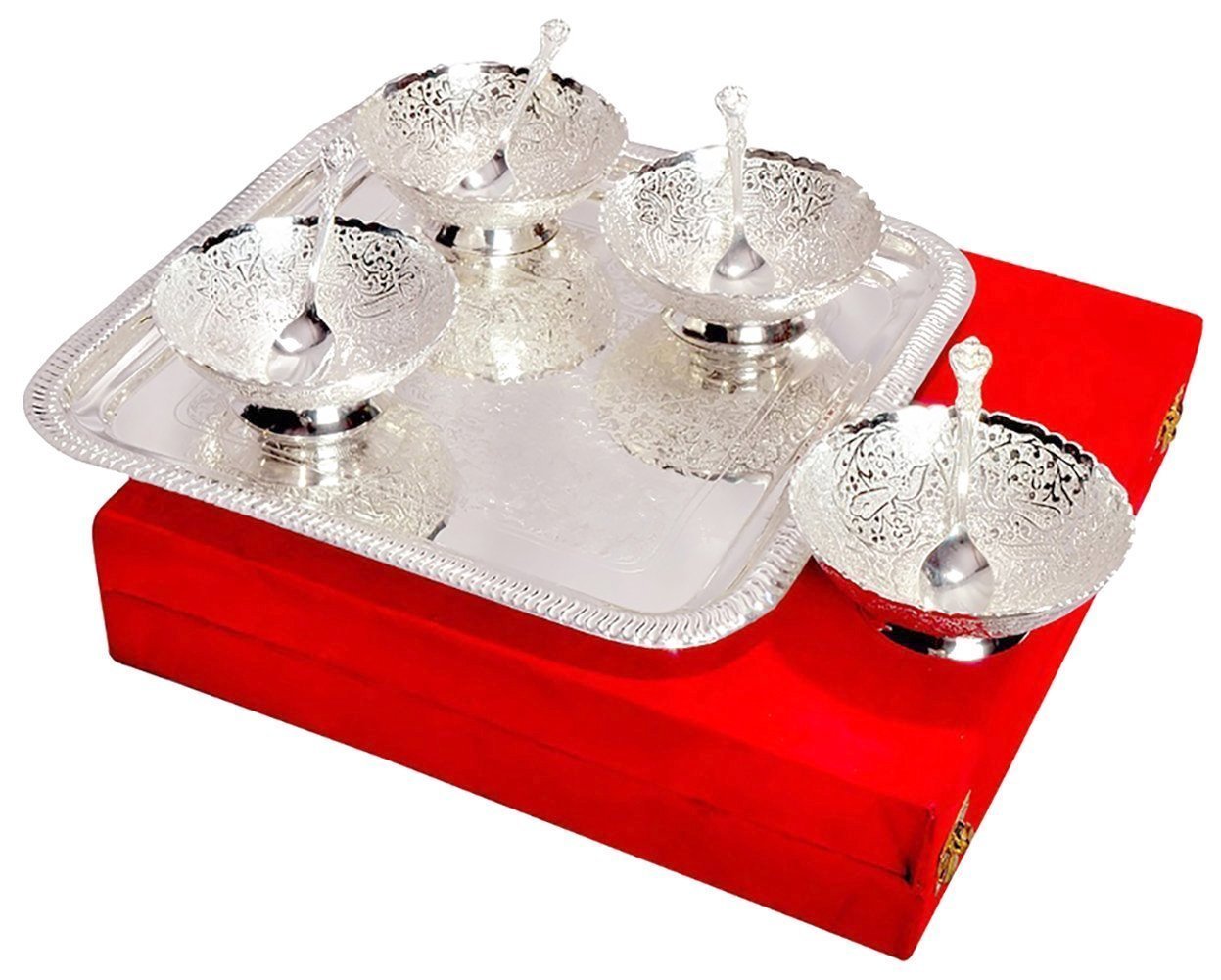 Rastogi Handicrafts Silver plated 4 bowls,Spoons 1 Tray serving bowl set Christmas gift item