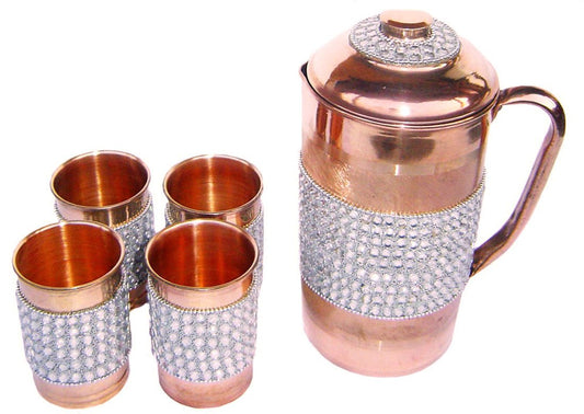 Rastogi Handicrafts Pure Copper Silver Crystal Studded Jug & 4 Glass Set