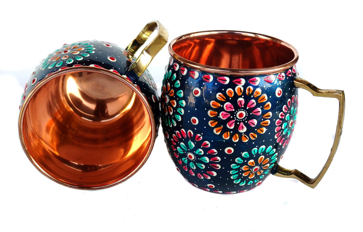 Rastogi Handicrafts Handmade Pure Copper Outer Hand Painted Art Work Water Bottle (Joint Free & leak proof) and Mug - Cup 16 oz (2)