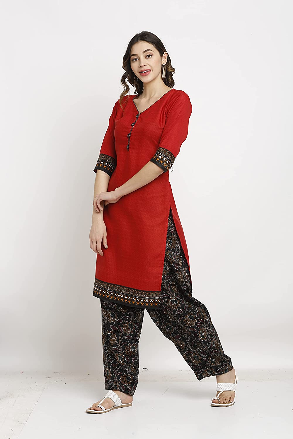 Women's Red Crepe Printed Unstitched Salwar Suit Material