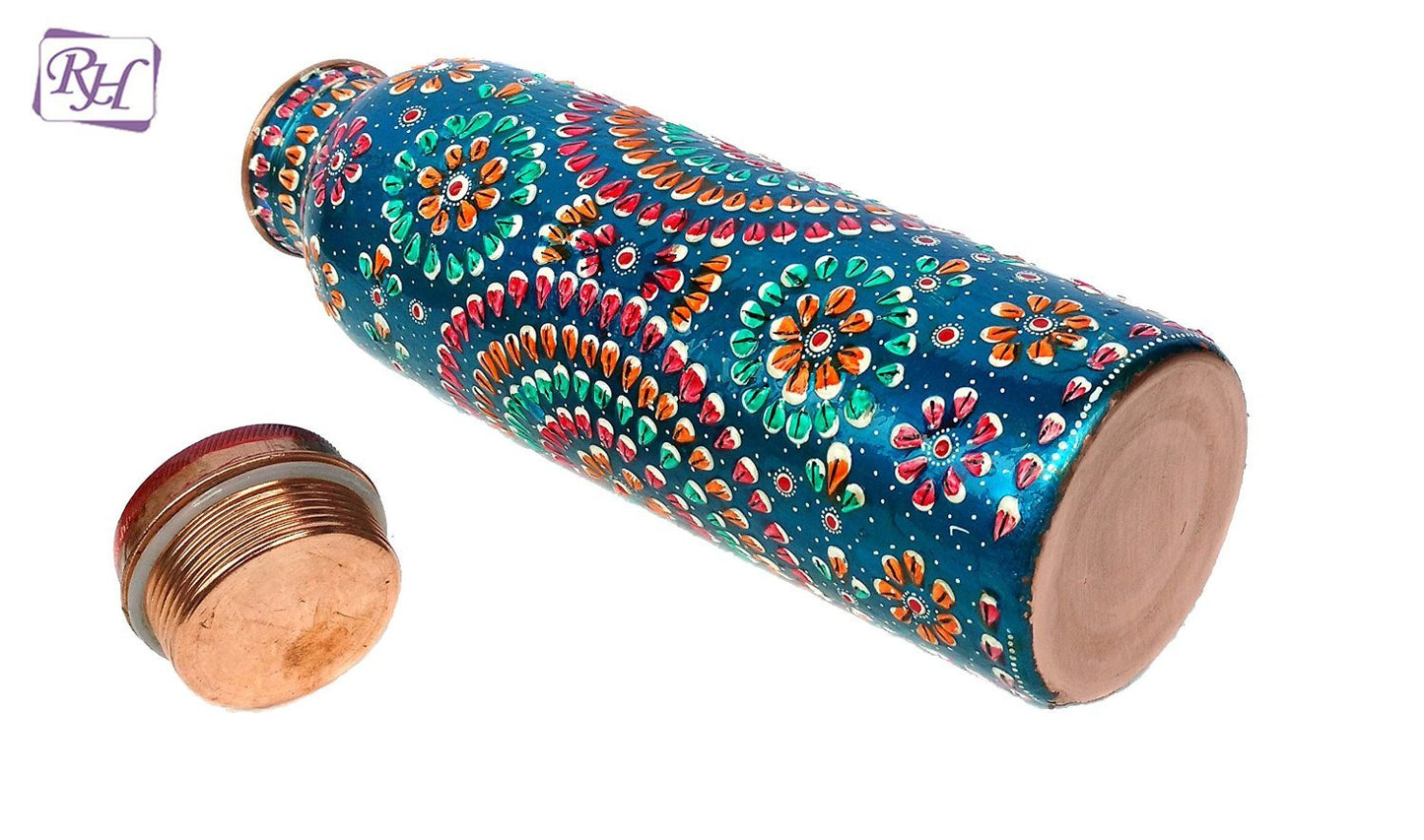 Rastogi Handicrafts Handmade Copper Outer Hand Painted Art Work terquoise color Water Bottle (Joint Free & leak proof) and Mug - Cup 16 oz (2)