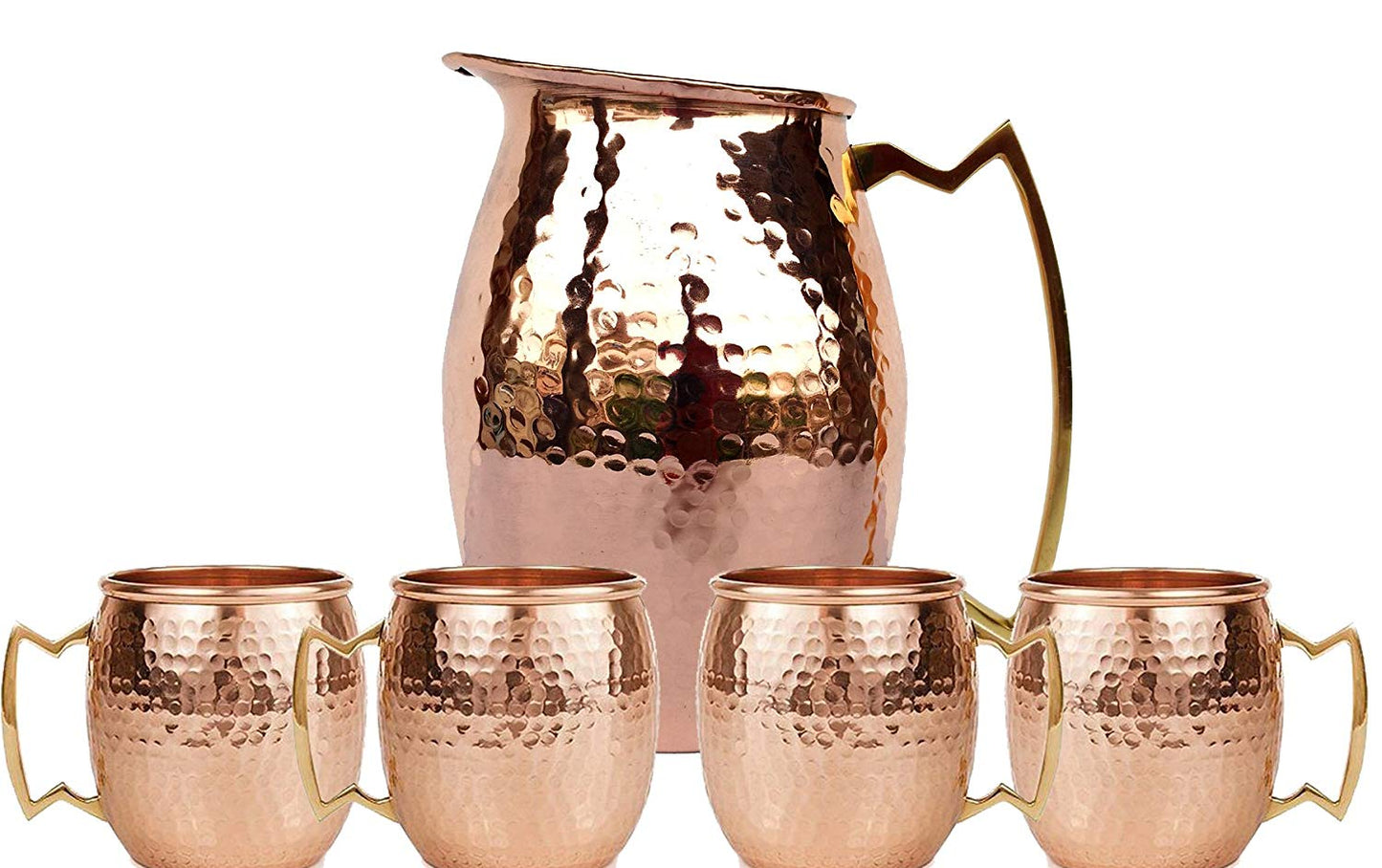 Rastogi Handicrafts Pure Copper Hammered Jug New Copper Moscow Mule Water Pitcher Heavy Gauge Pure Solid Hammered with Set of 4 Beer Wine Mug