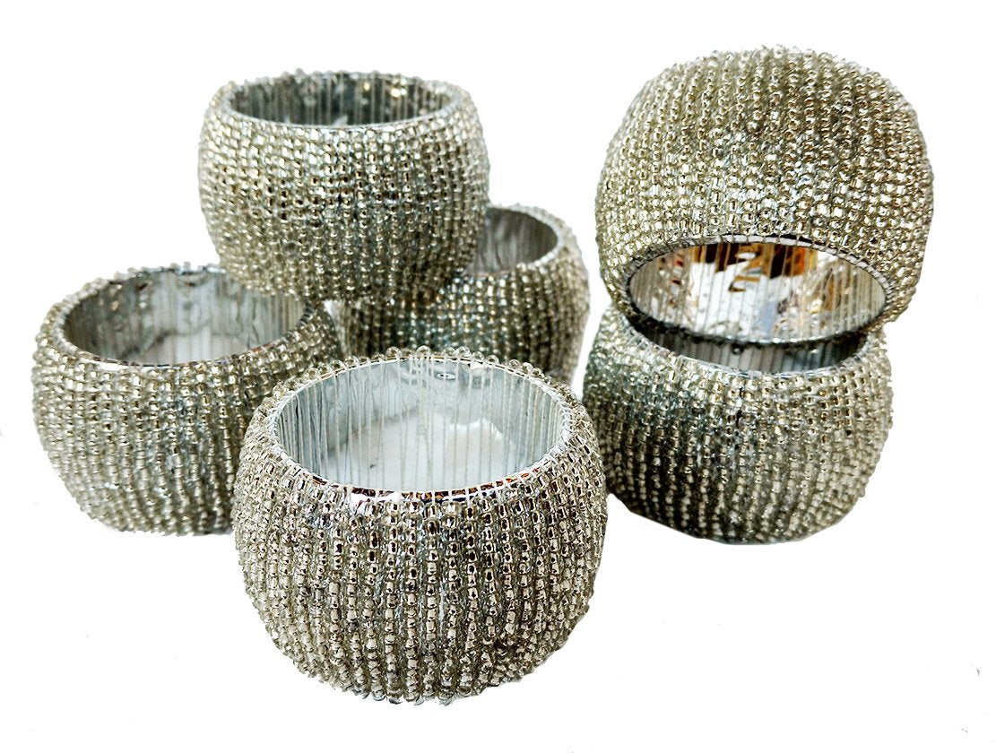 Rastogi Handicrafts Napkin Ring Silver Beaded Napkin Ring Holders, Birthday, Christmas, Any Occasion Gift Set of 6