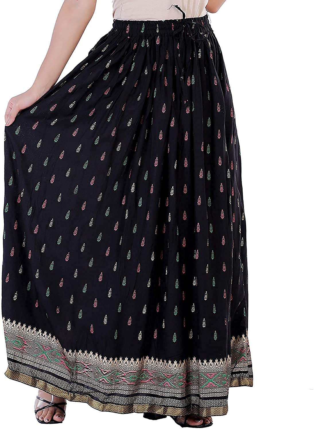 Women's Ethnic Printed Rayon Long Skirt with Border | Free Size