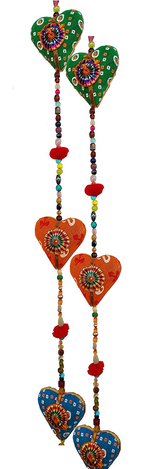 Rastogi Handicrtafts Door Hanging Decorative Cotton heart in Vibrant Color Stringed with Beads and Bell Traditional Indian Hanging Decoration 2 layer