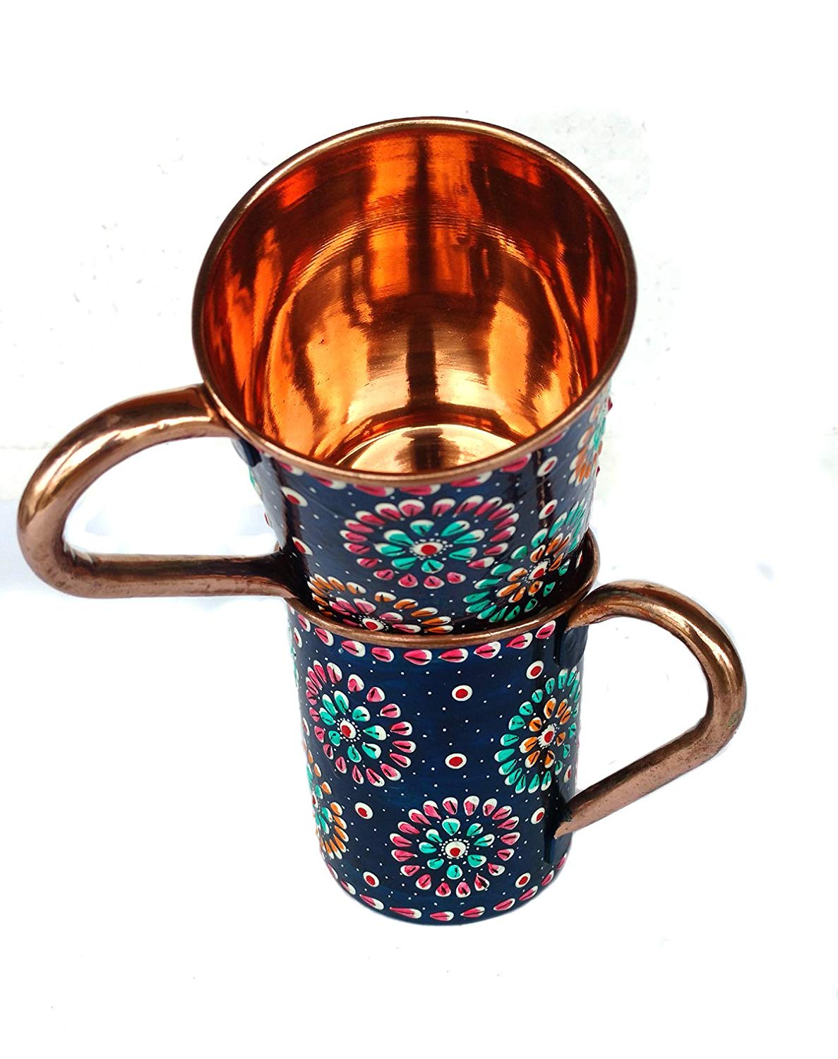 Rastogi Handicrafts Handmade Copper Outer Hand Painted Art Work Water Bottle (Joint Free & leak proof) AND Mug - Cup 16 oz (2) blue