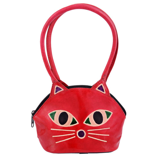 Leather Ethnic Indian Shantiniketan Cat Design Hand Bag - perfect gift - COLOR MAY VARY