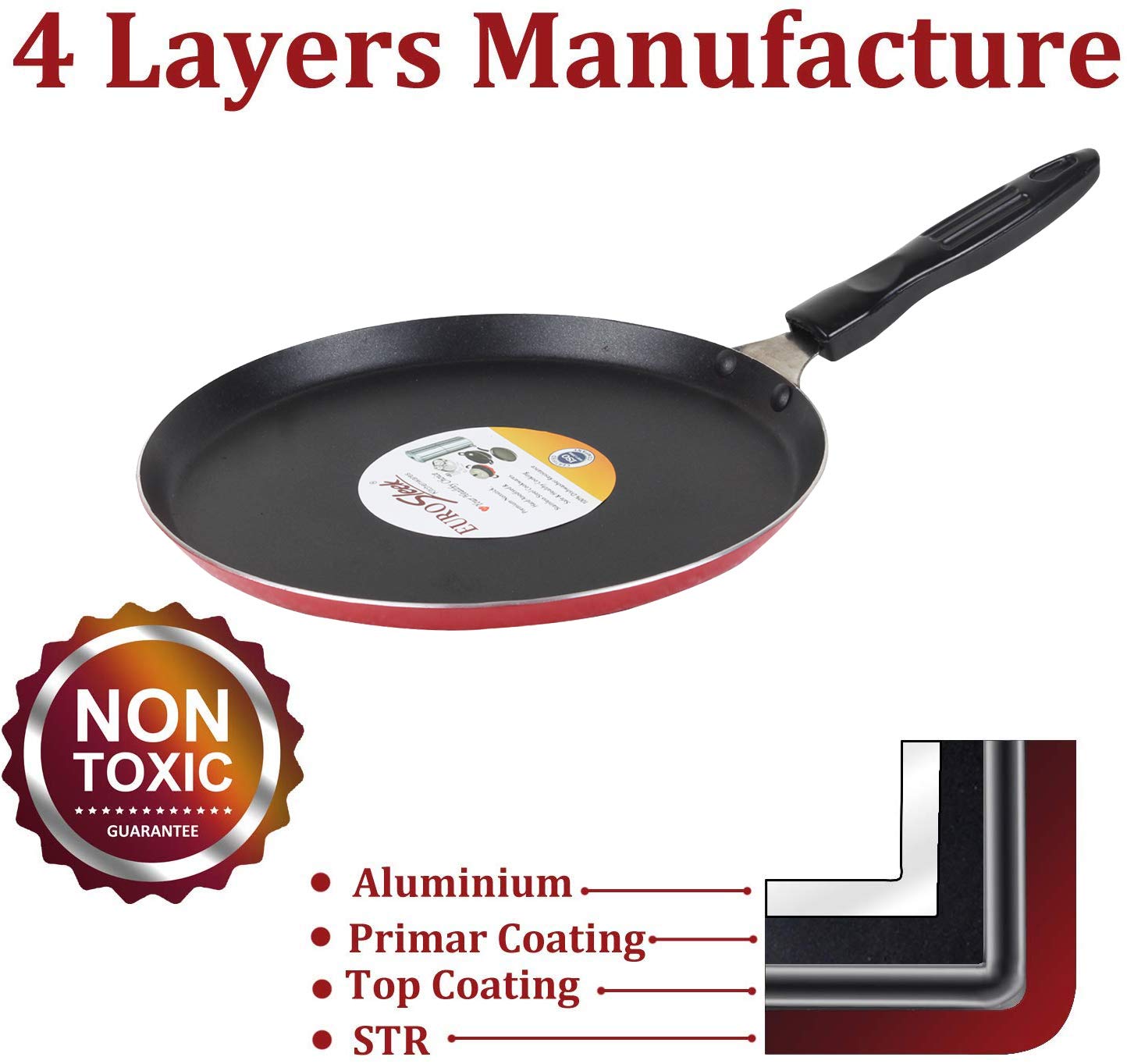 Non Stick Dosa Tawa Regular Gas Stove Compatible, Marooon (24cm,240mm/9 Inches) (Size No. 10) (2.6 Thickness)