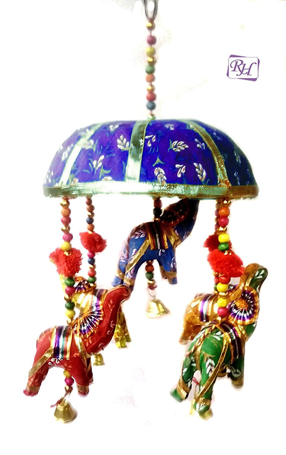 Rastogi Handicrafts Indian Traditional Elephant Blue Umbrella Hanging Layer of Five Elephant Door Hanging, Decorative Hanging