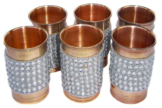 Rastogi Handicrafts Pure Copper Silver Crystal Studded Glass Set