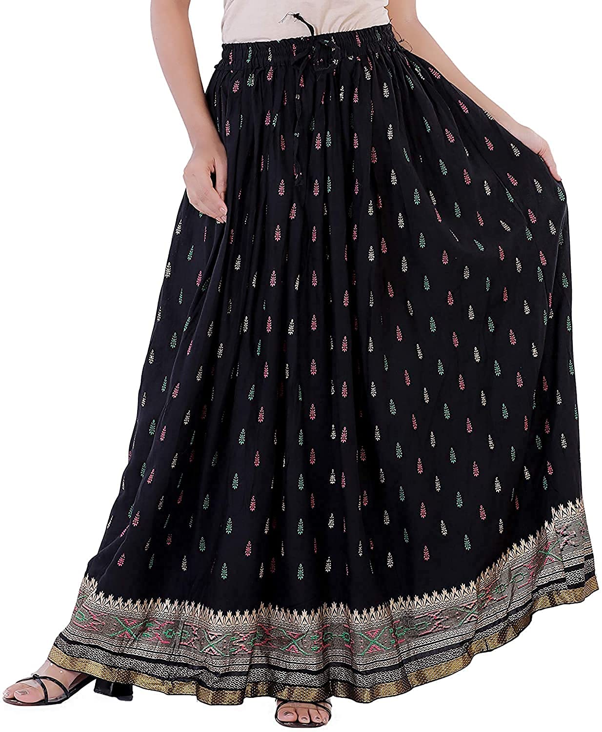 Women's Ethnic Printed Rayon Long Skirt with Border | Free Size