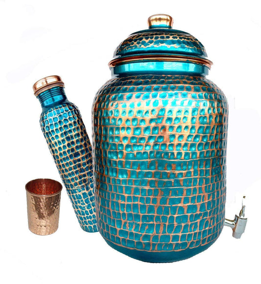 Rastogi Handicrafts pure copper Hammered water storage Tank pot 7 liter capacity with free Tumble and Copper Bottle