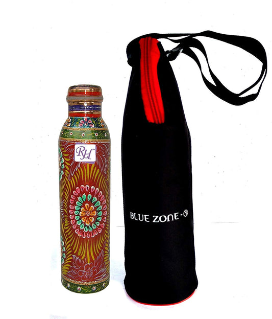 Rastogi Handicrafts Copper Water Bottle for (Joint Free & Leak Proof) Hand Painted Art Work, with a Insulated Bag