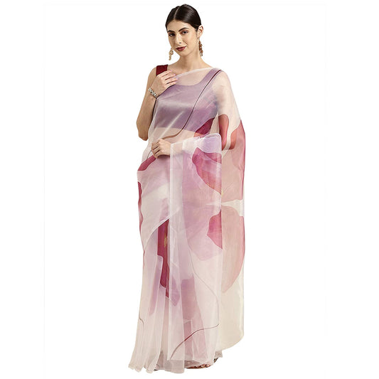 Women's Crepe Blend Saree (Off White & Pink)