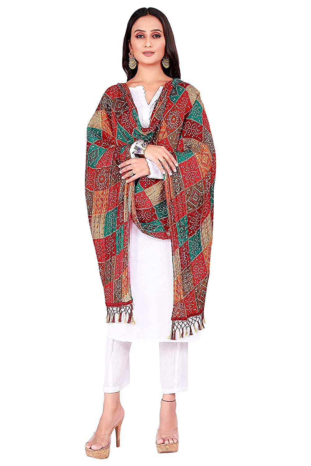 Jaipuri Rajasthani Traditional Multicolored Chinon Silk Bandhej Dupatta