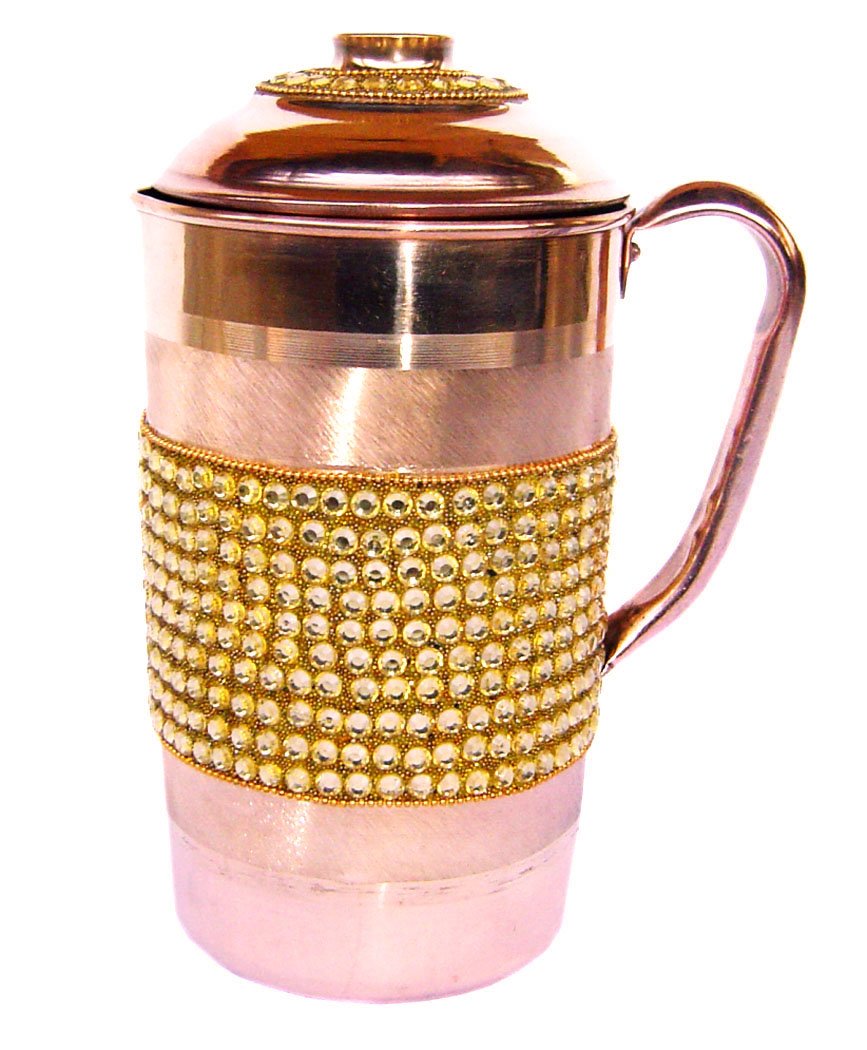 Rastogi Handicrafts Pure Copper Jug Golden Crystal Studded Decorated