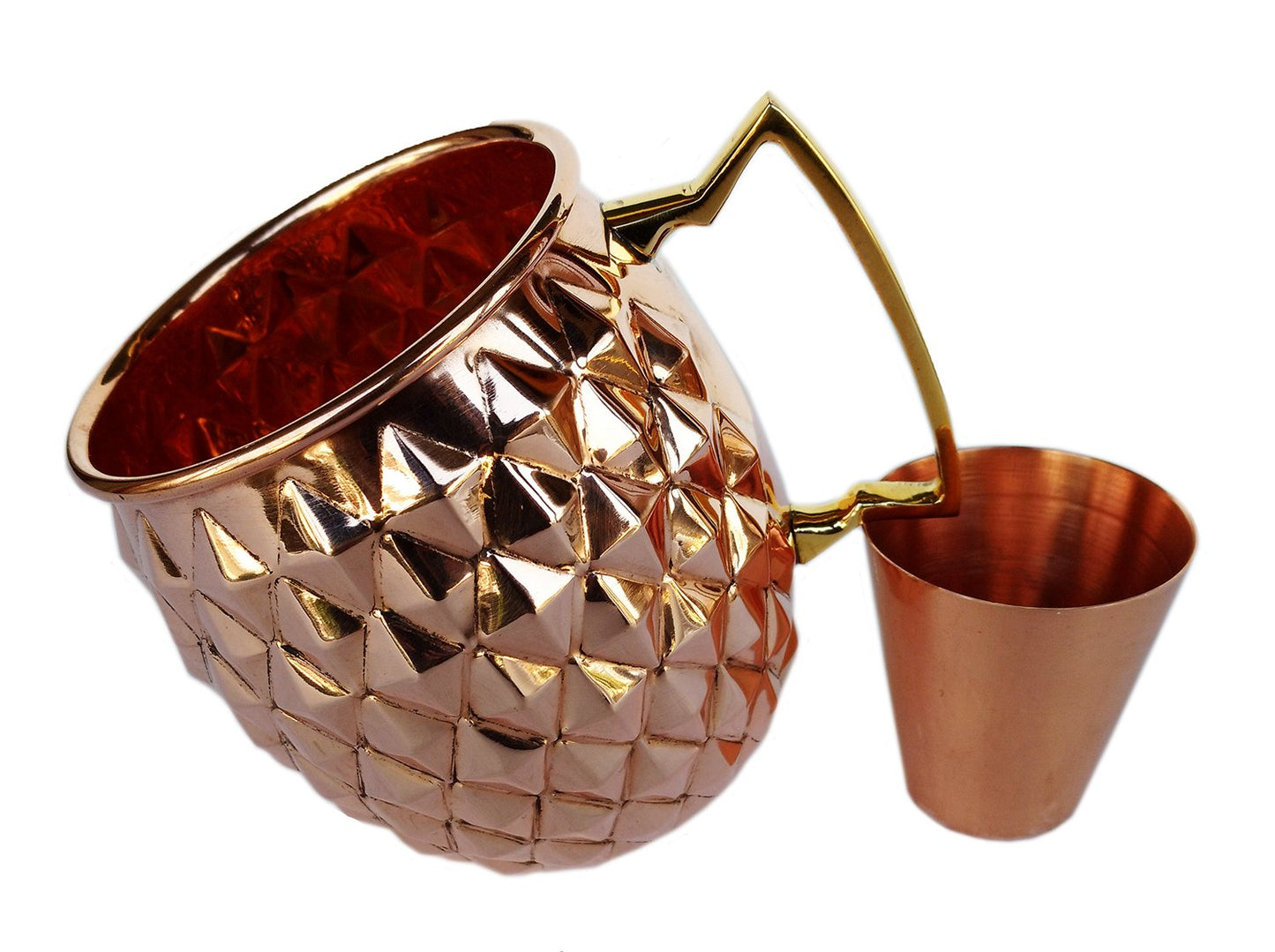 Rastogi Handicrafts Solid Copper Mugs with 1 Copper Shot Glass -Copper Moscow Mule Mug - Diamond Hammer Barrel Cups - Cocktail Cups/Glasses Set of 2 mug