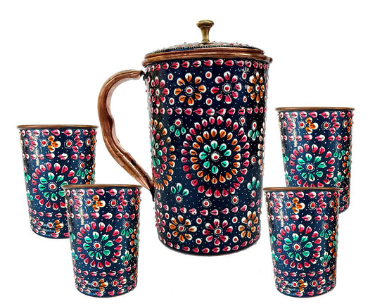 Rastogi Handicrafts Pure Copper one Jug with Four Glass Drink ware Set Hand Painted Outer side