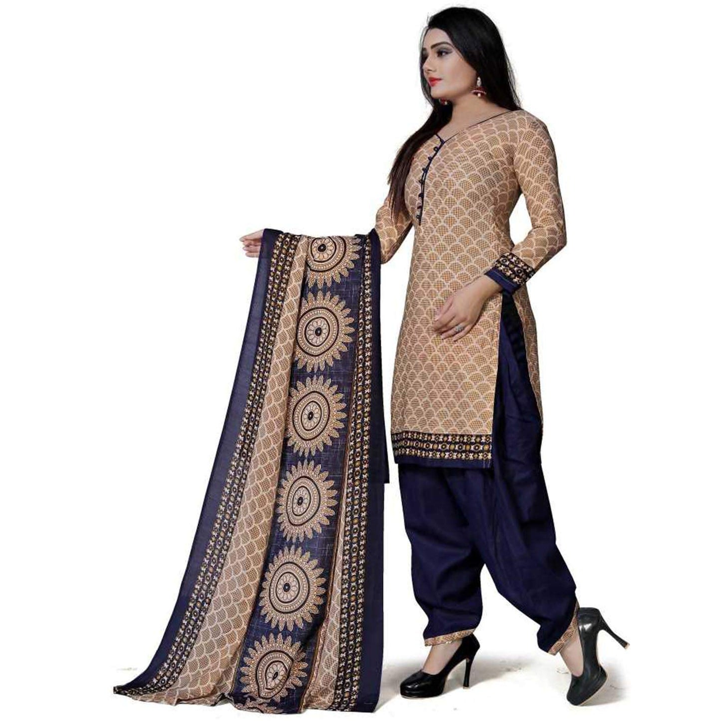 Women's Cotton Unstitched Salwar Suit (Beige_Free Size)