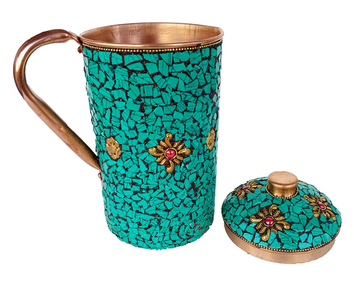 Rastogi Handicrafts Pure Copper Jug Drinkware Set Dinnerware Tableware Pitcher outer decorated