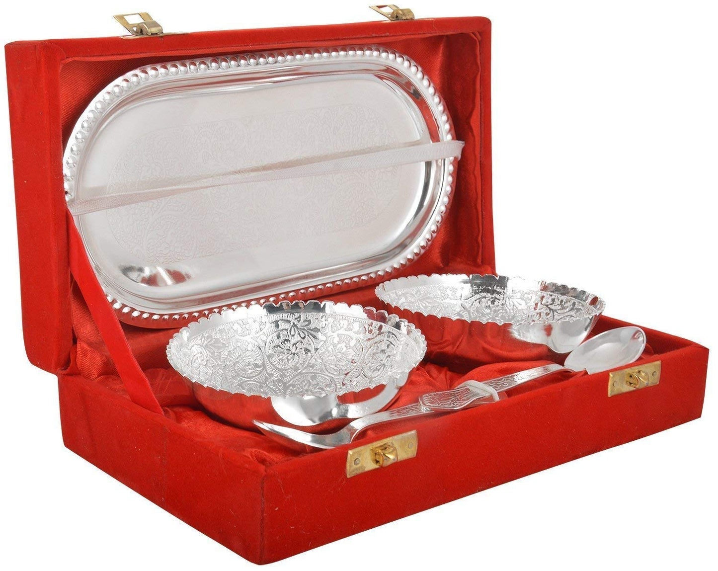 Rastogi Handicrafts Silver Plated Round Shaped Bowl and Tray Set Dry Fruit Bowl Set, Diwali, Christmas, Festival Gifts, Set