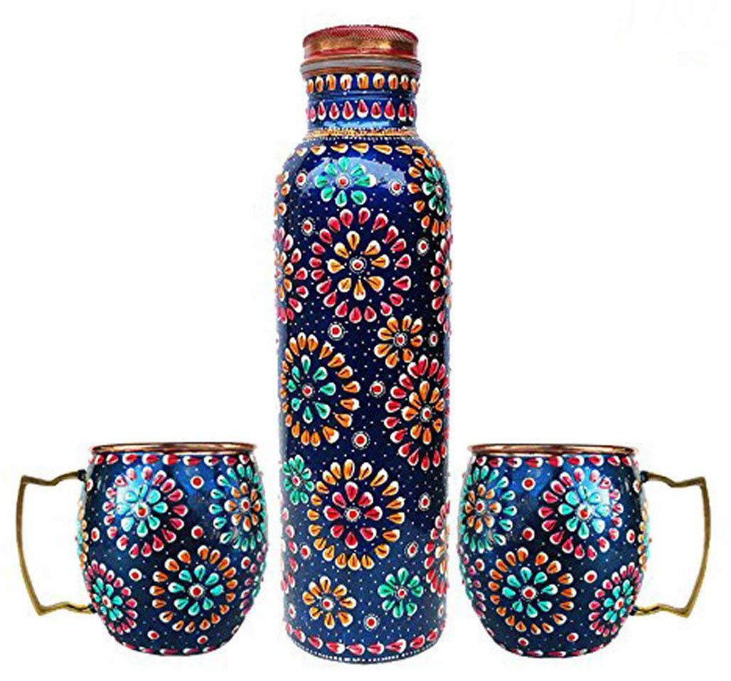 Rastogi Handicrafts Handmade Pure Copper Outer Hand Painted Art Work Water Bottle (Joint Free & leak proof) and Mug - Cup 16 oz (2)