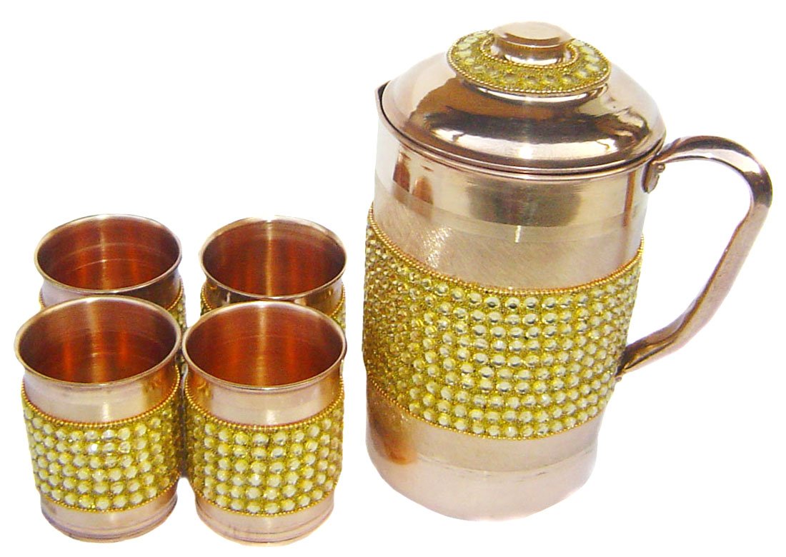 Rastogi Handicrafts Pure Copper Golden Crystal Studded Jug & 4 Glass Set