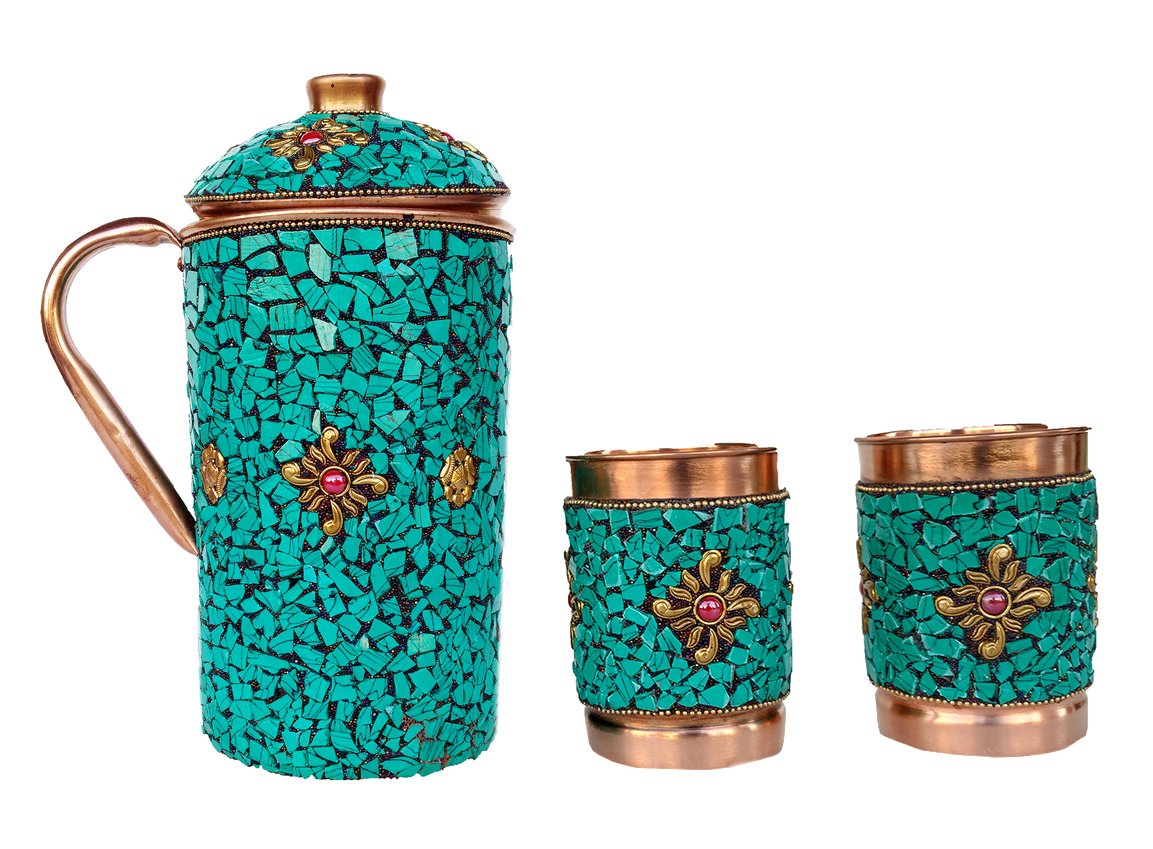 Rastogi Handicrafts Pure Copper Jug - 2 Glass Drinkware Set Dinnerware Tableware Pitcher outer decorated