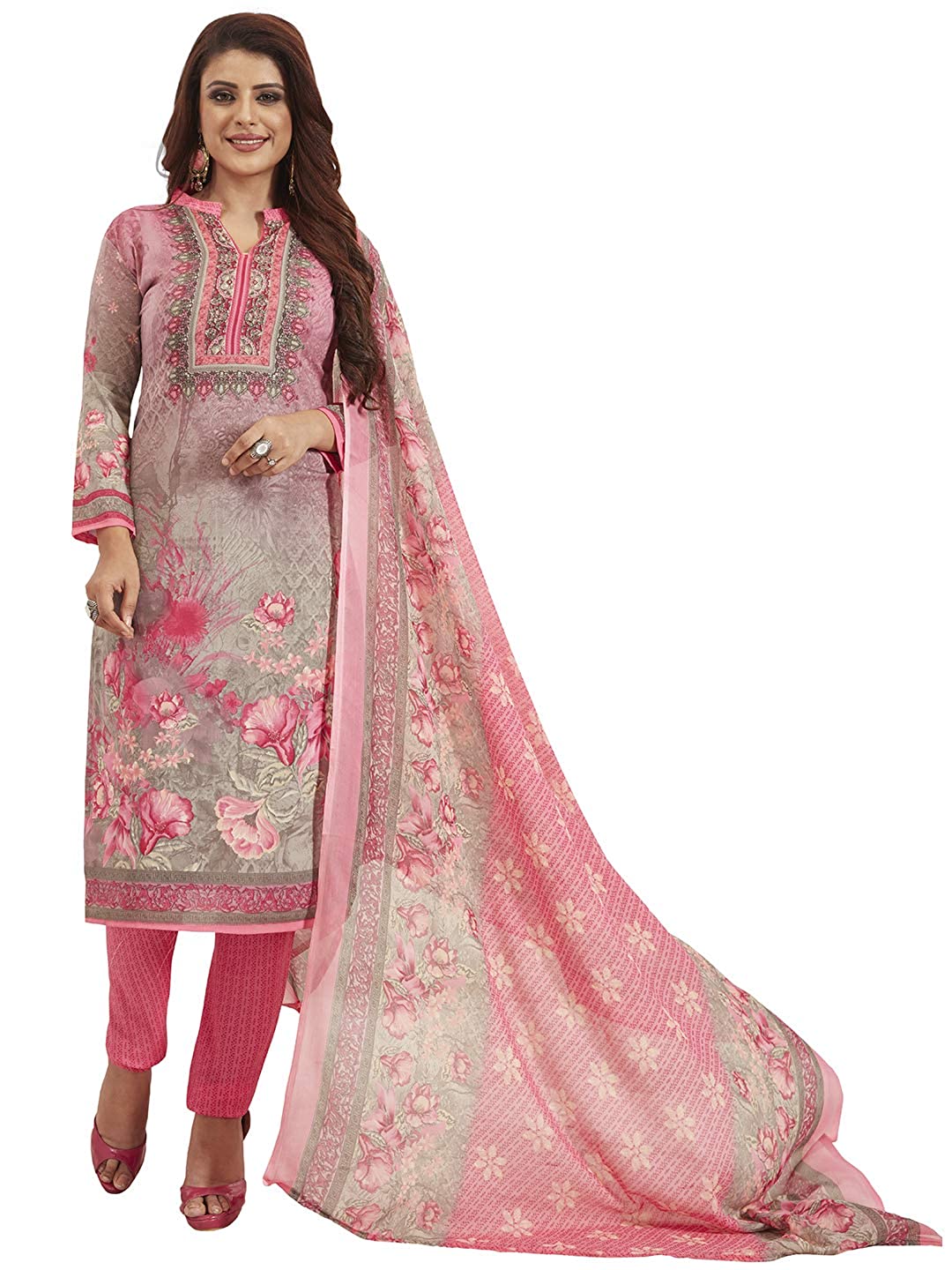 Women's Unstitched Synthetic Crepe Grey & Pink Floral Print Wrinkle Free Dress Material (Grey & Pink_Free Size)