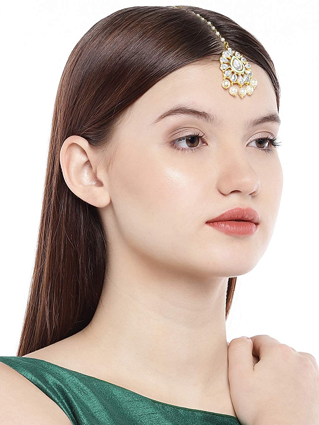 Kundan Maang tika Green Bindiya Style Brass Ethnic Maang Tika for Women and Girls Pack of 1