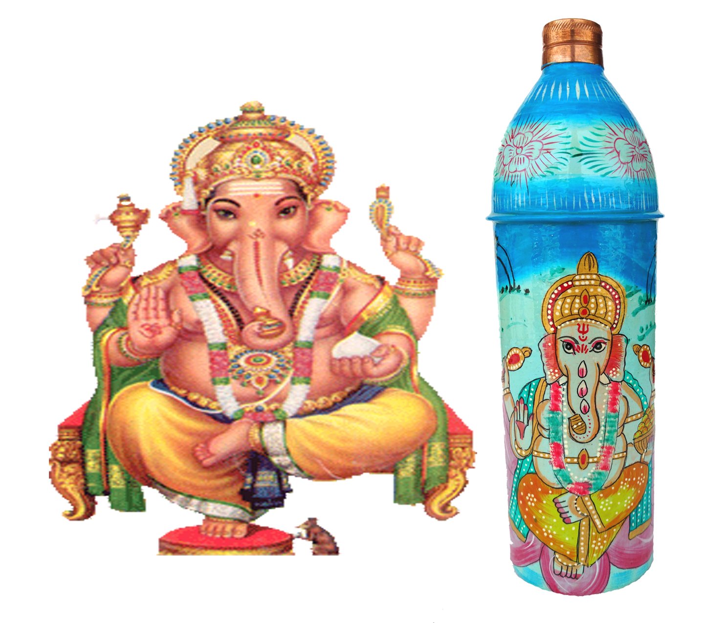 Rastogi Handicrafts Pure Copper Hand Painted Water Bottle Tumbler,Bislari Indian Traditional Style Ganesh Hand Work (750 ml)