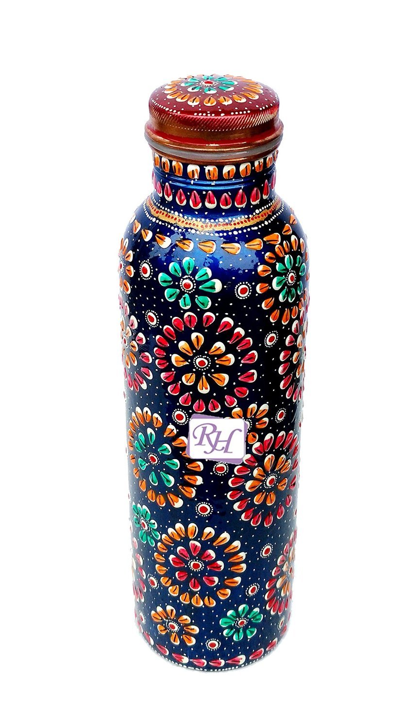 Rastogi Handicrafts Pure copper Hand painted bottle blue capacity 33oz / 950 ml for drinking water storage/yoga bottle