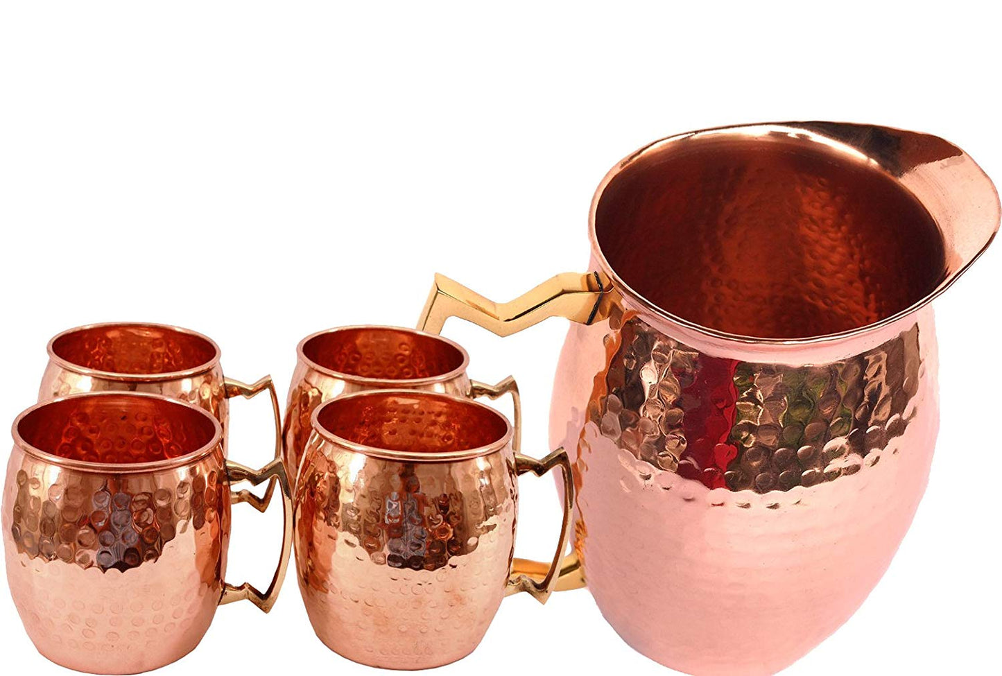 Rastogi Handicrafts Pure Copper Hammered Jug New Copper Moscow Mule Water Pitcher Heavy Gauge Pure Solid Hammered with Set of 4 Beer Wine Mug