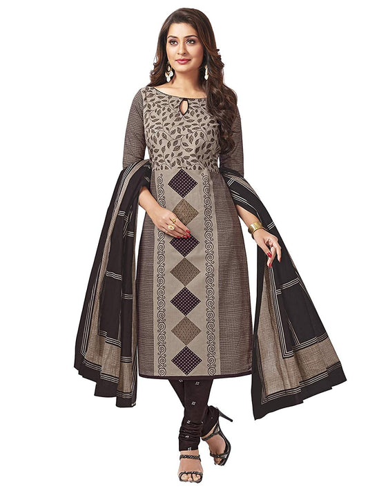 Women's Unstitched Lawn Cotton Brown Geometric Print Dress Material with Dupatta