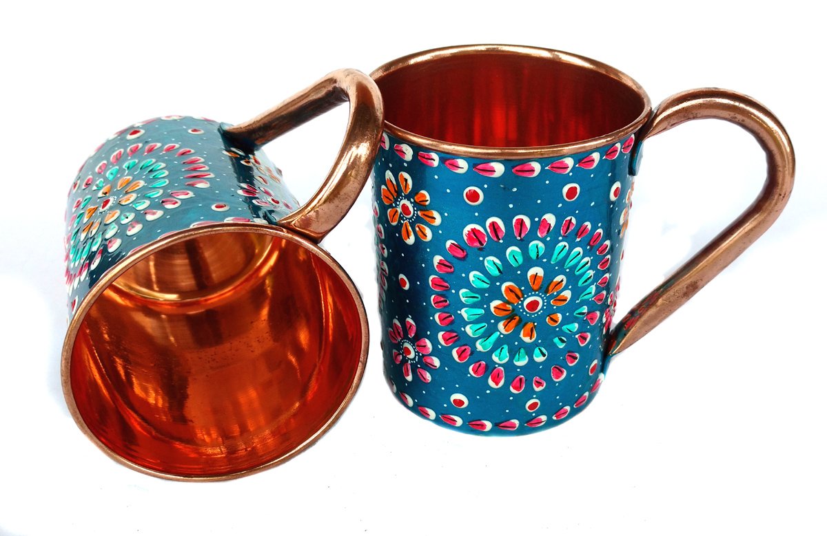 Rastogi Handicrafts Handmade Copper Outer Hand Painted Art Work Water Bottle (Joint Free & leak proof) and Mug - Cup 16 oz (2) Terquoise color