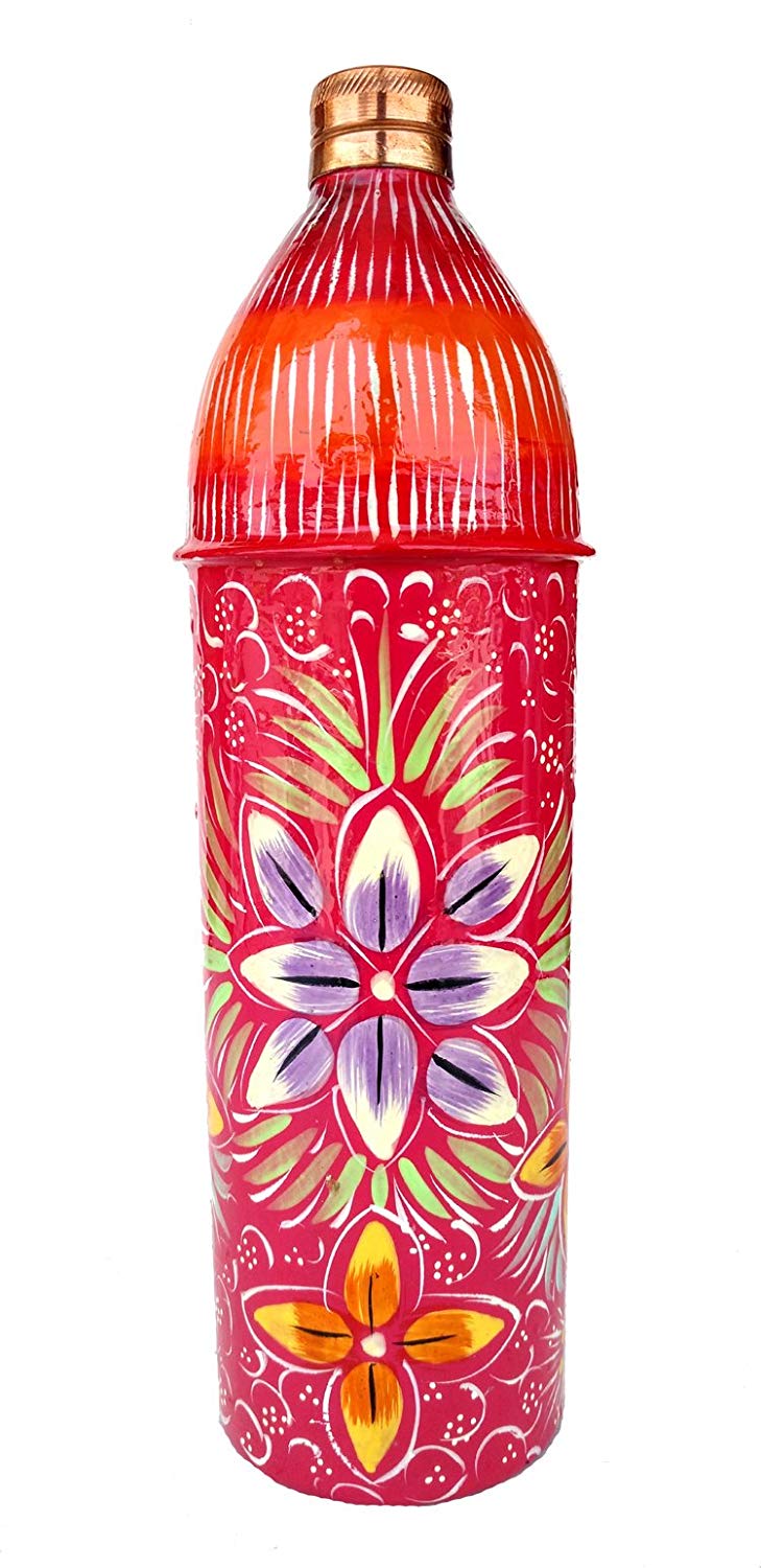 Rastogi Handicrafts Pure Copper Hand Painted Water Bottle Tumbler,Bislari Pink Flower Hand Work (750 ml )