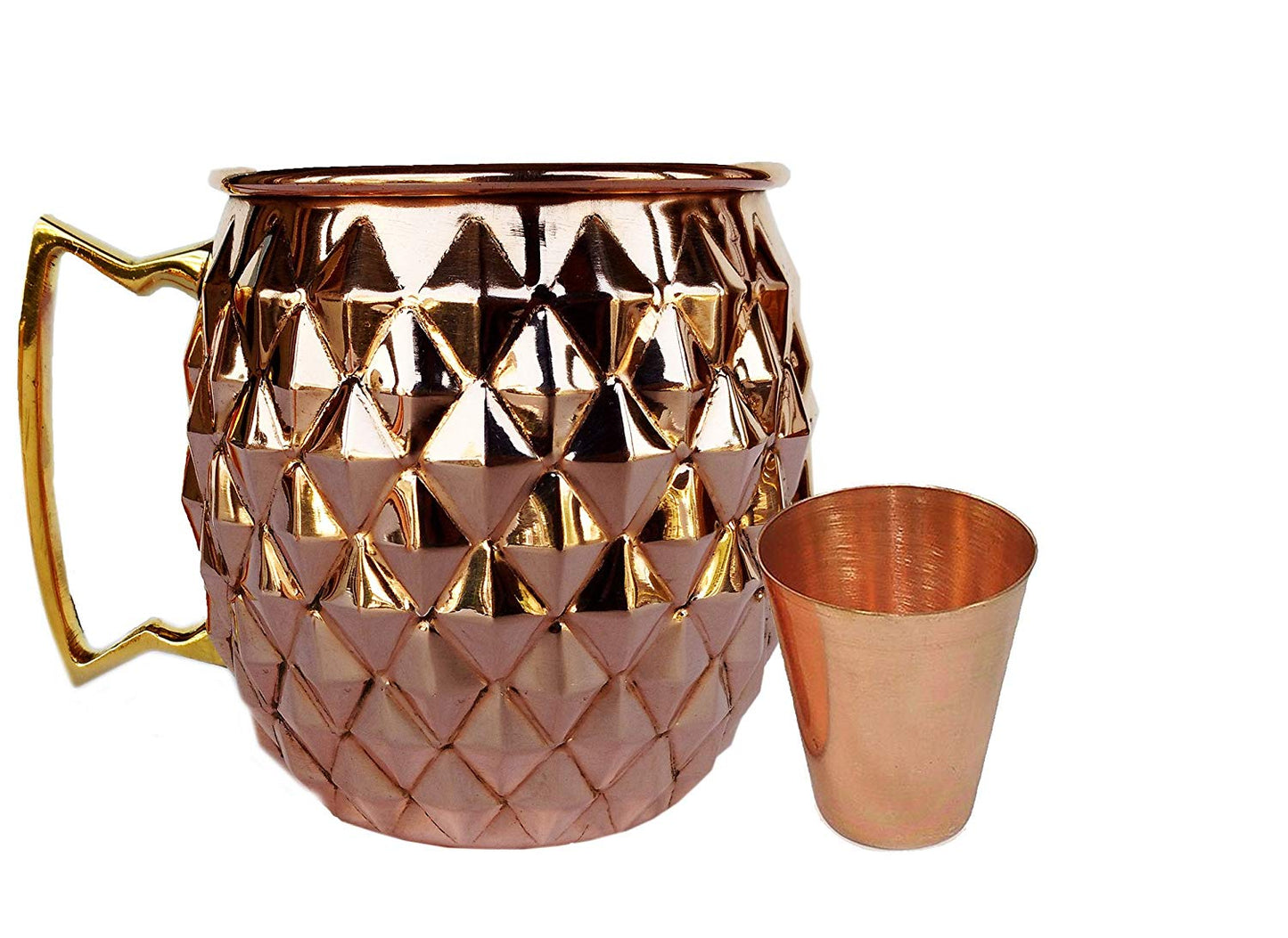 Rastogi Handicrafts Solid Copper Mugs with 2 Copper Shot Glass -Copper Moscow Mule Mug - Diamond Hammer Barrel Cups - Cocktail Cups/Glasses Set of 4 mug