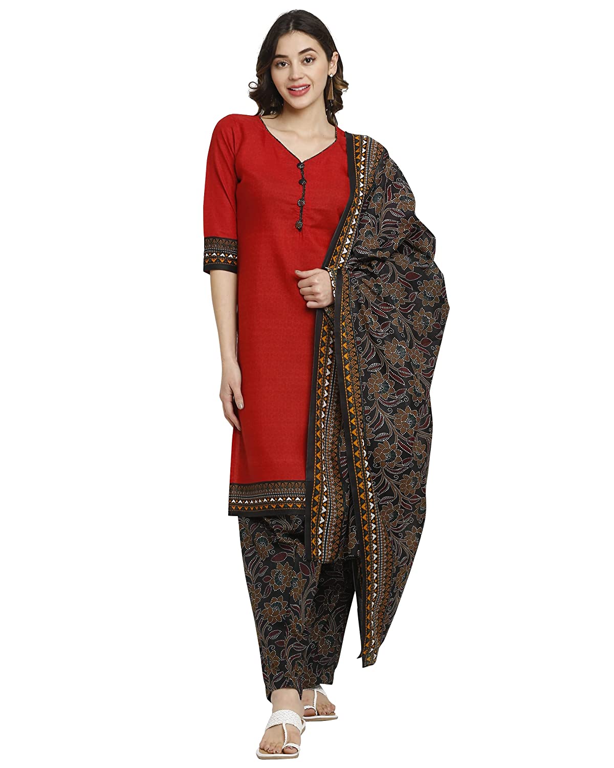 Women's Red Crepe Printed Unstitched Salwar Suit Material