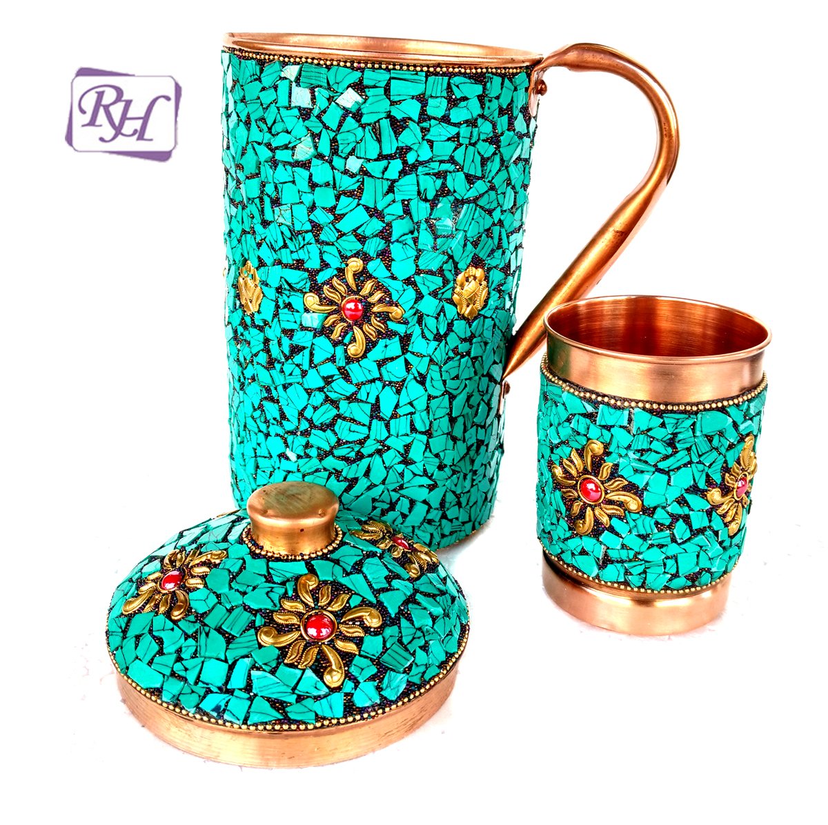 Rastogi Handicrafts Pure Copper Jug - 1 Glass Drinkware Set Dinnerware Tableware Pitcher outer decorated