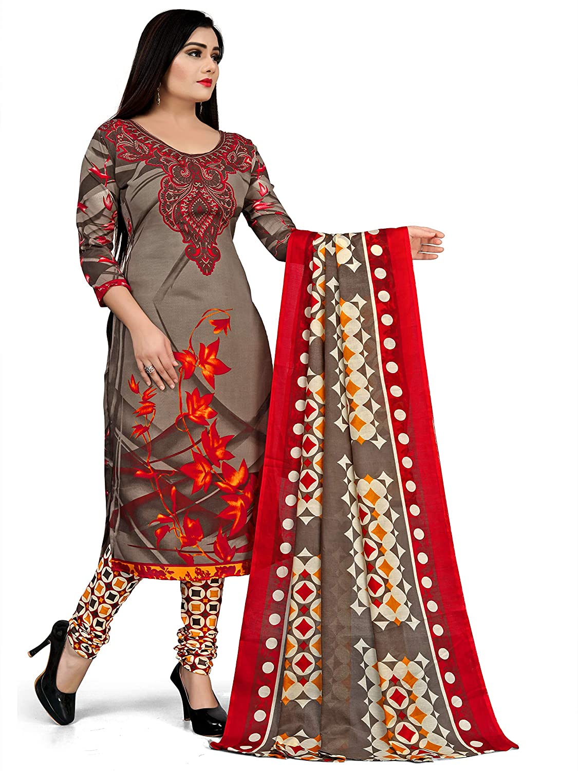 Women's Olive Green Cotton Printed Unstitched Salwar Suit Material (Free Size)