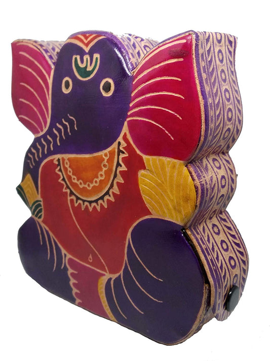 Embossed Leather - Piggy Bank, Ganesh, with Button, Multicoloured, Small