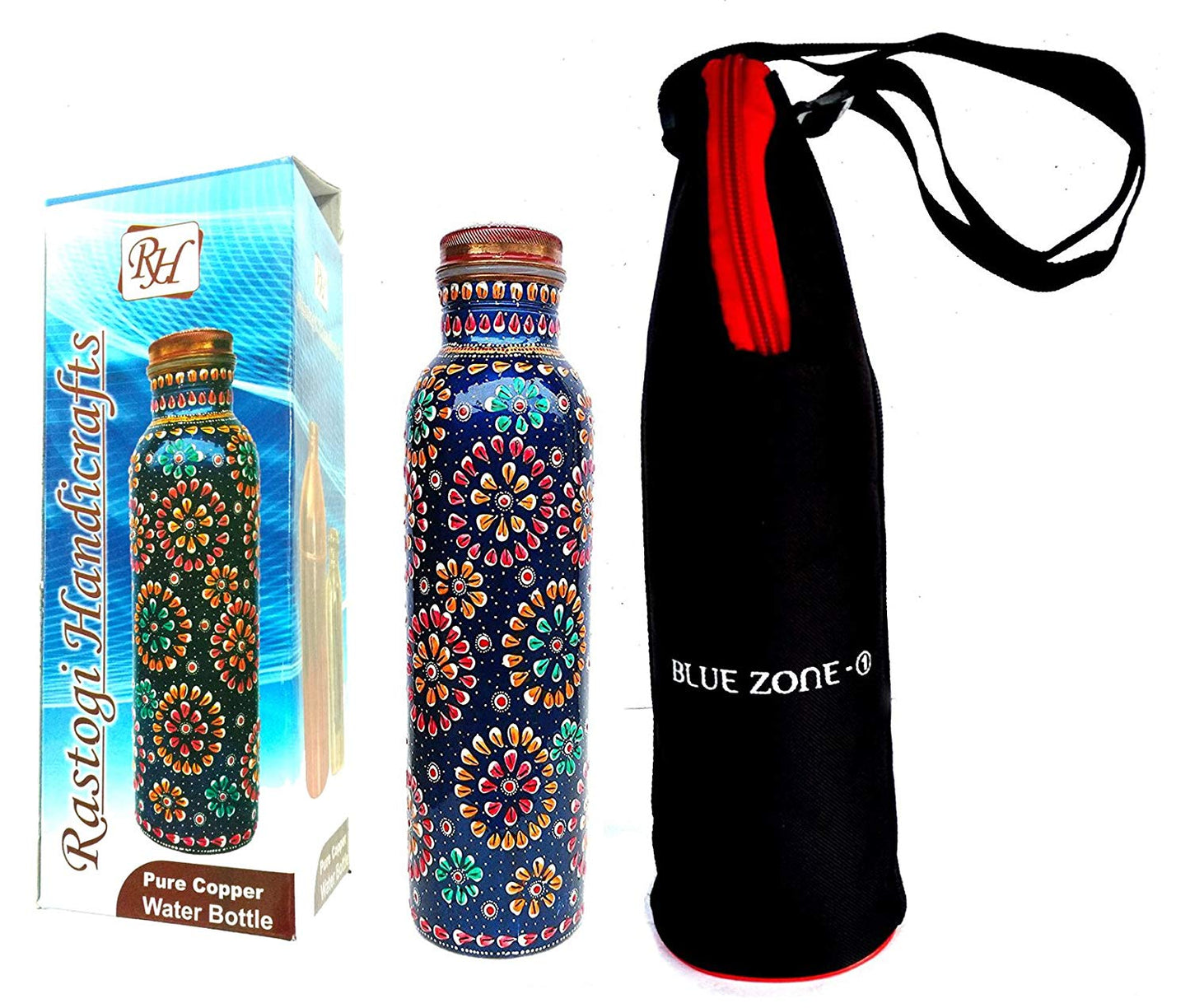 Rastogi Handicrafts Pure Copper Water Bottle for (Joint Free & leak proof) Hand Painted Art Work, With a Insulated Bag