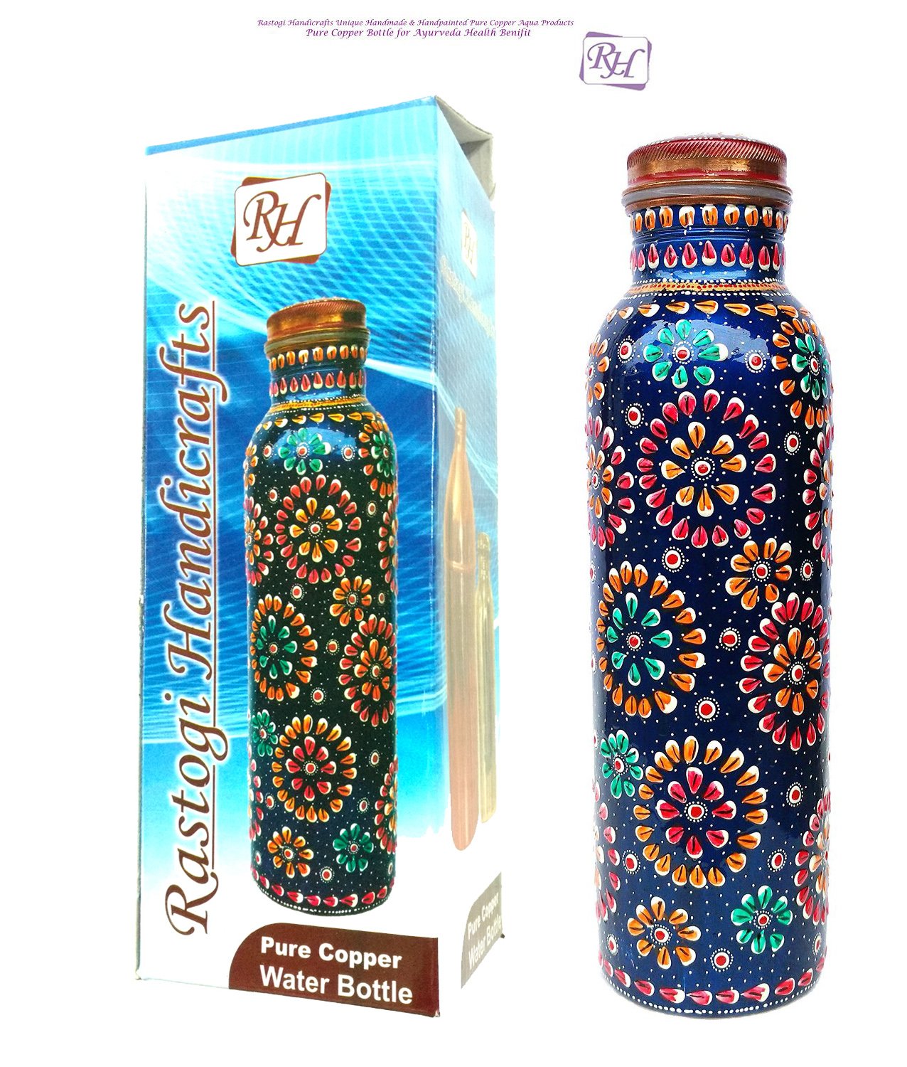 Rastogi Handicrafts Pure copper Hand painted bottle blue capacity 33oz / 950 ml for drinking water storage/yoga bottle