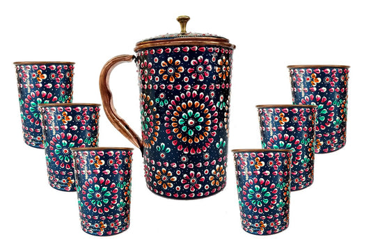 Rastogi Handicrafts Pure Copper one Jug with Six Glass Drink ware Set Hand Painted Outer side