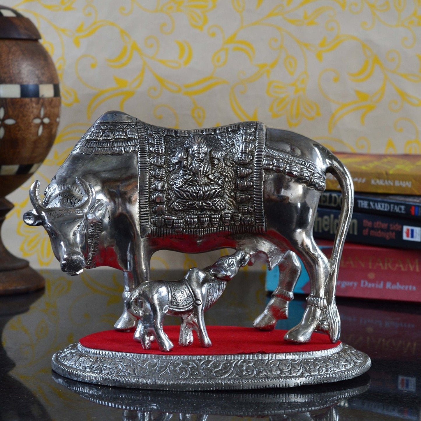 Rastogi Handicrafts Metal Silver Plated Kamdhanu Cow Calf Big Size 22x14x18 Cm