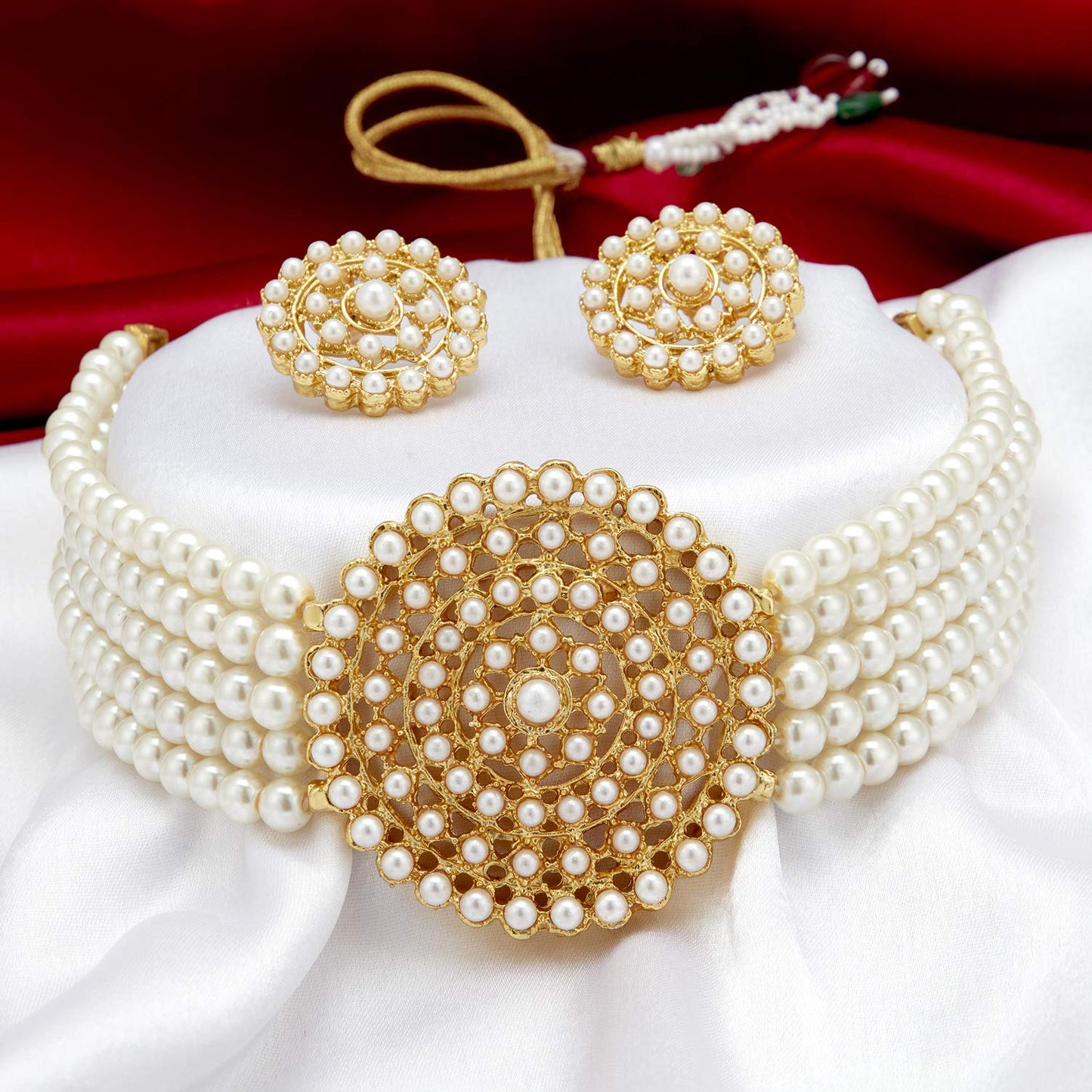 Adorable Gold Plated Pearl Choker Necklace Set for Women