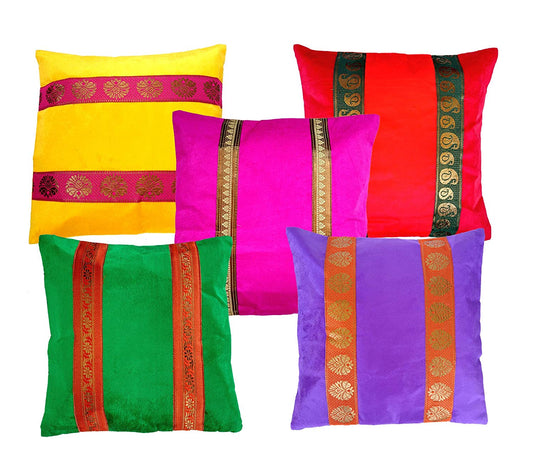 Rastogi Handicrafts Home Bed Cushion Cover Sofa Velvet Throw Pillow Zari Brocade Pretty Accent 16" Multi Colored Set of 5