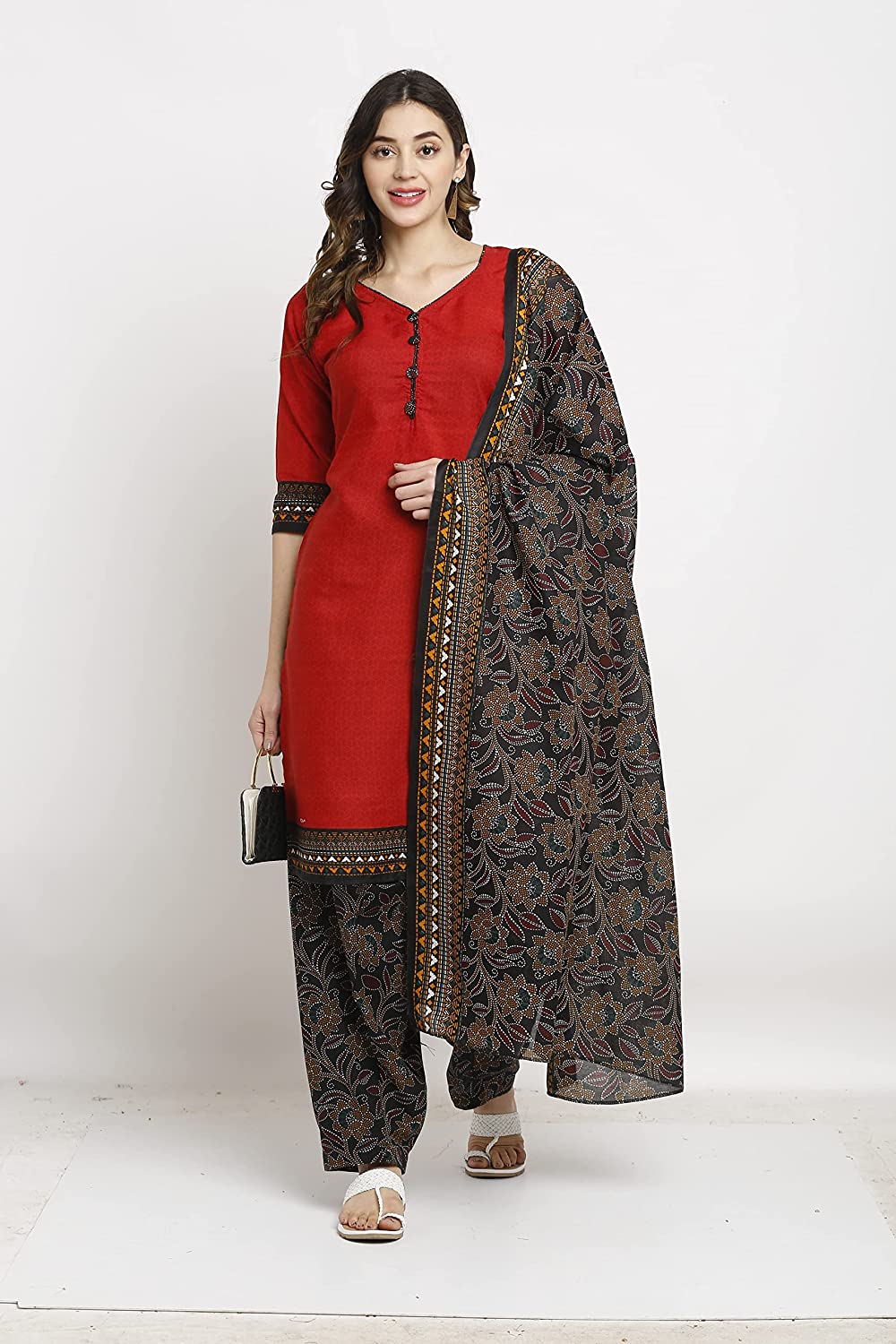 Women's Red Crepe Printed Unstitched Salwar Suit Material