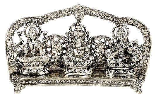 Silver Plated Laxmi Ganesh Saraswati Statue- Idol Fine Carving