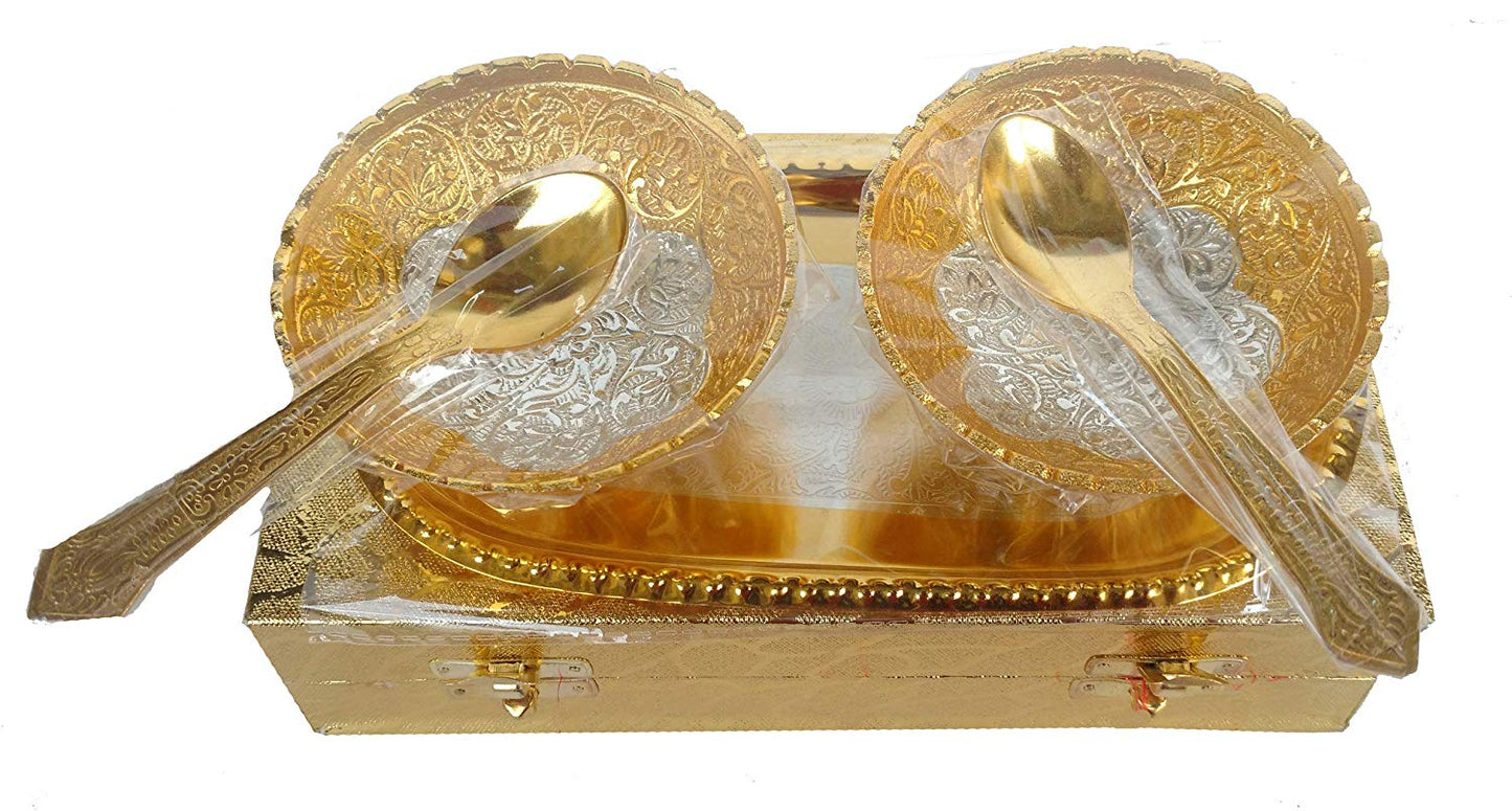 Rastogi Handicrafts Silver and Gold Plated Aluminium Bowl and Tray Set Dry Fruit Bowl Set, Diwali, Christmas, Festival Gifts, Set